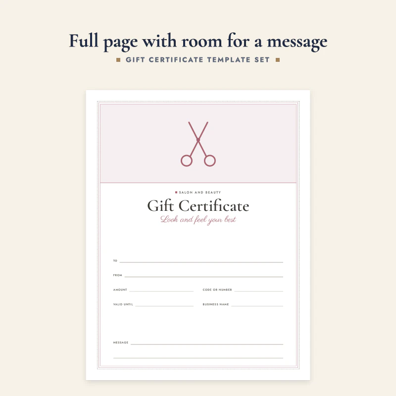 Full page salon and beauty gift certificate with scissors drawing, lines for to, from, amount and code, and message lines at the bottom