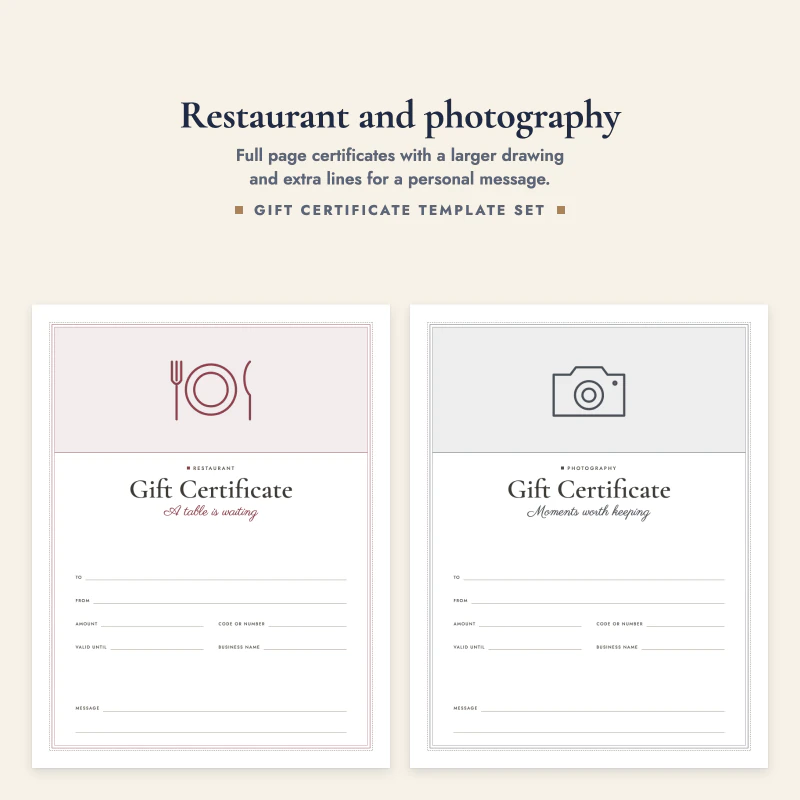 Full page restaurant certificate with plate and cutlery next to a photography certificate with a camera