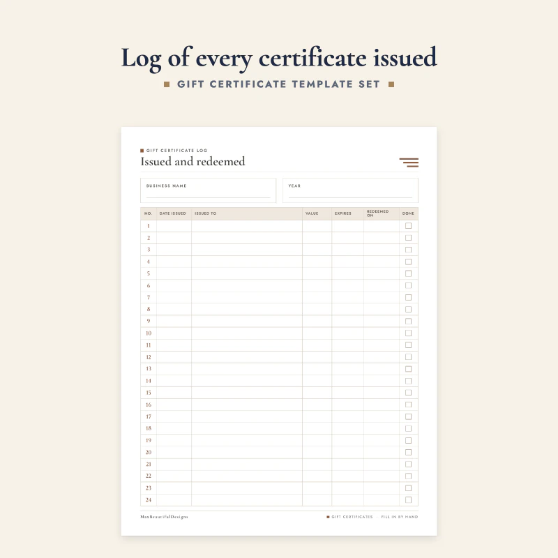 Gift certificate log with numbered rows and columns for date issued, issued to, value, expires and redeemed