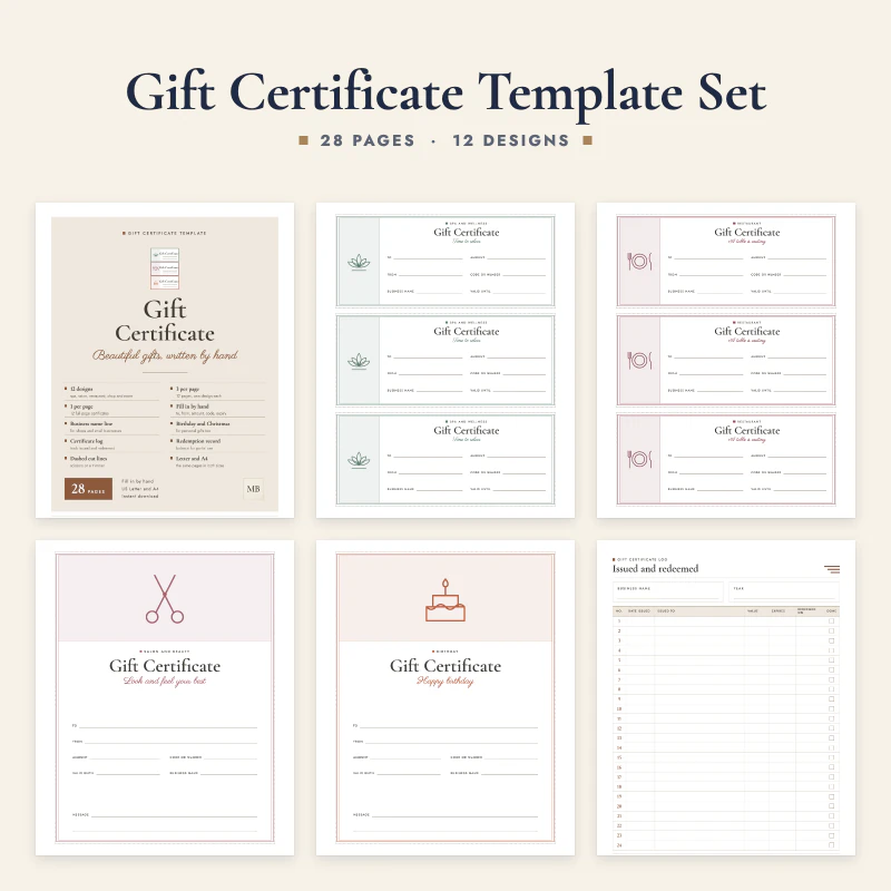 Gift certificate template set: the cover, two sheets with three certificates each (spa and restaurant), full page certificates for salon and birthday, and the gift certificate log