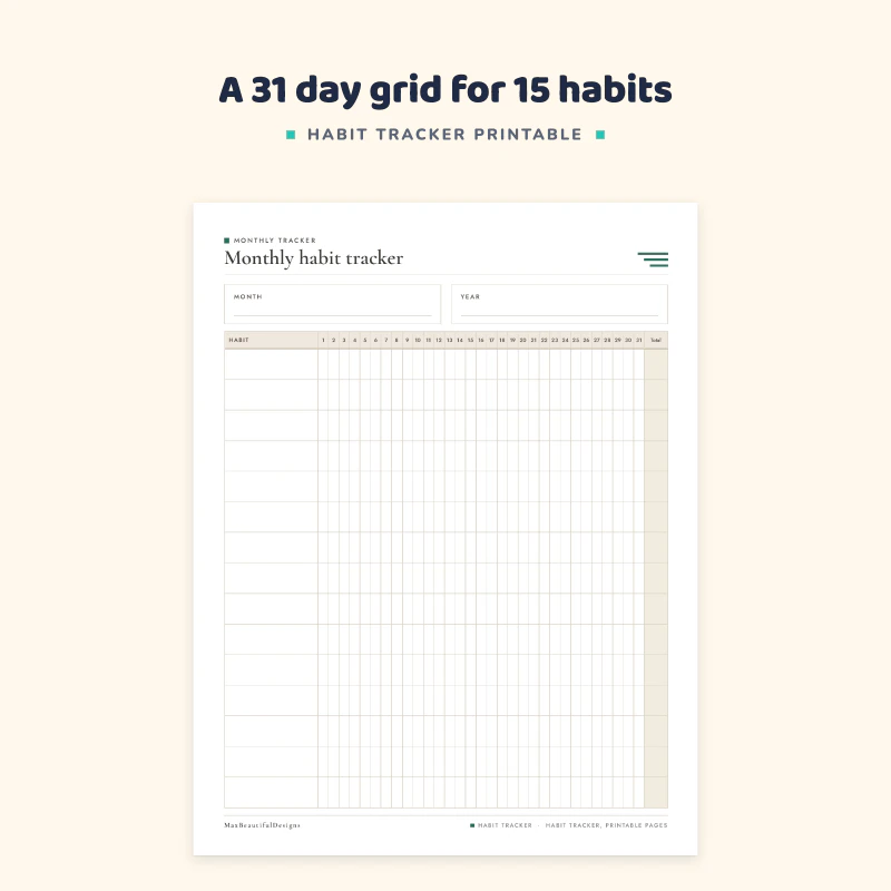 Monthly habit tracker page: a 31 day grid with room for 15 habits and a total column