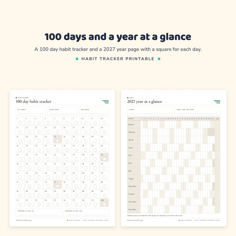 100 day habit tracker with 100 numbered circles next to a 2027 year at a glance page with months and day squares