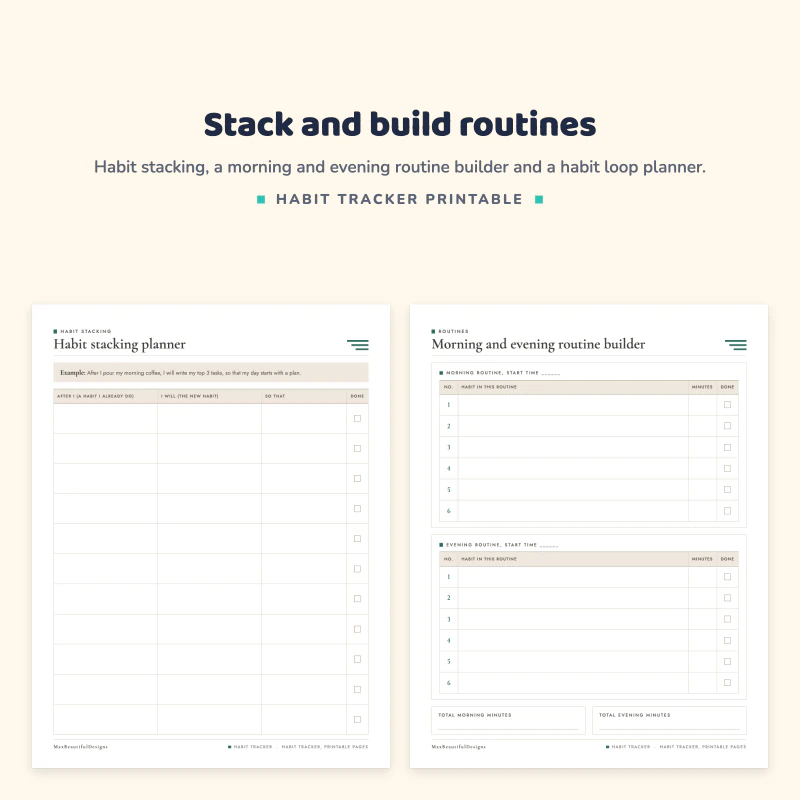 Habit stacking planner with an example sentence next to a morning and evening routine builder with numbered rows