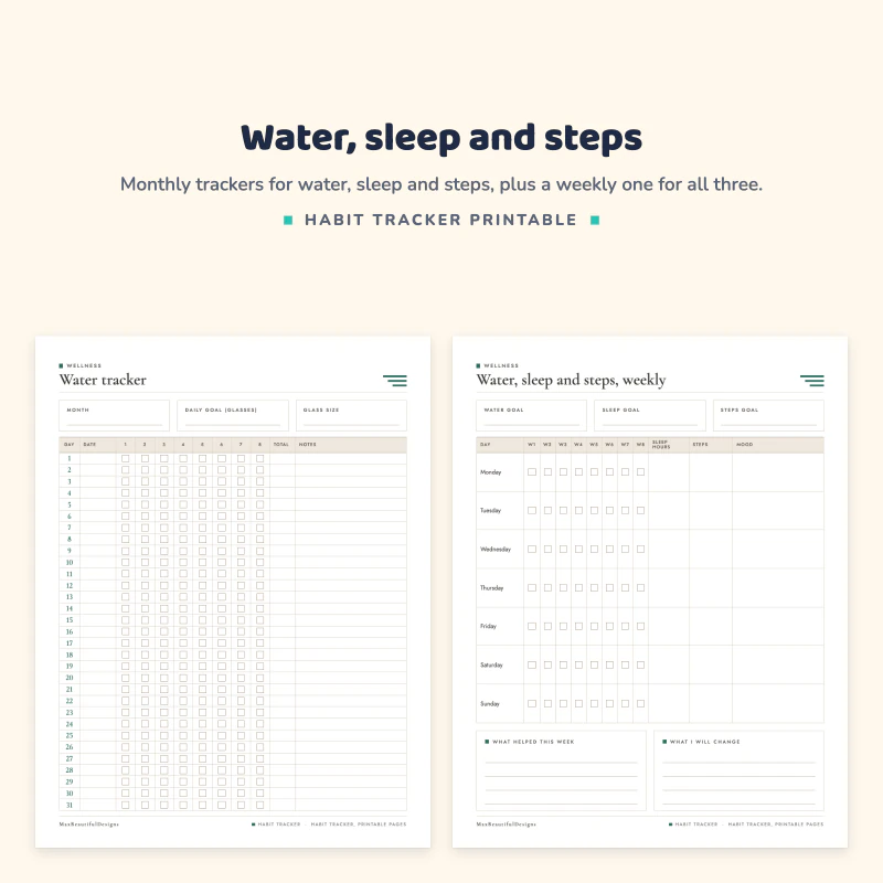 Water tracker with 31 days of glasses next to a weekly water, sleep and steps tracker