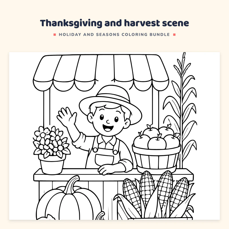 Standard page of a farm stand with a farmer, pumpkins, corn and apples