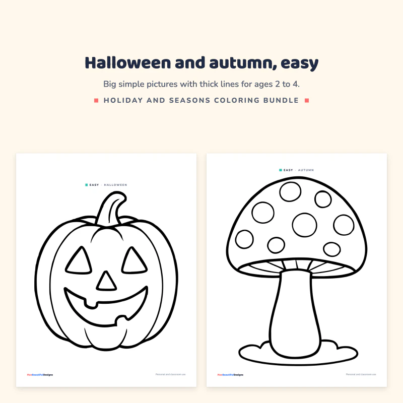 An easy jack-o-lantern pumpkin next to an easy autumn mushroom, both with bold outlines