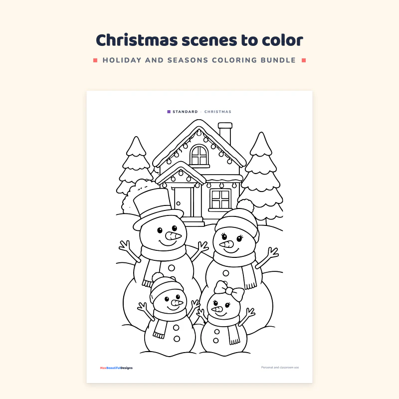 Standard Christmas page with four snowmen in front of a snowy house and fir trees