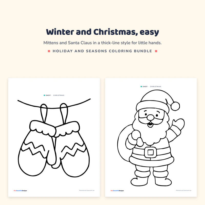 An easy pair of mittens on a line next to an easy Santa Claus with his sack