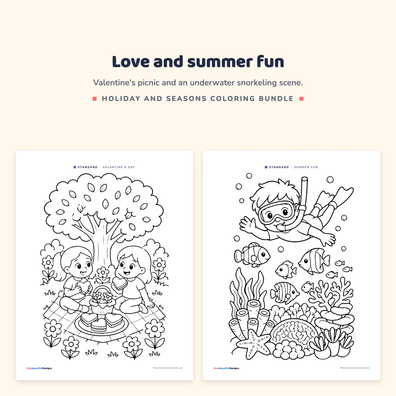 Standard Valentine's Day page with two children having a picnic under a tree next to a summer fun page with a snorkeling child and fish