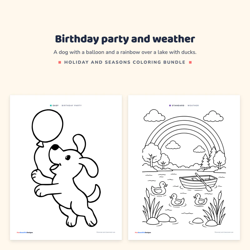 Easy birthday party page of a dog with a balloon next to a standard weather page with a rainbow, boat and ducks