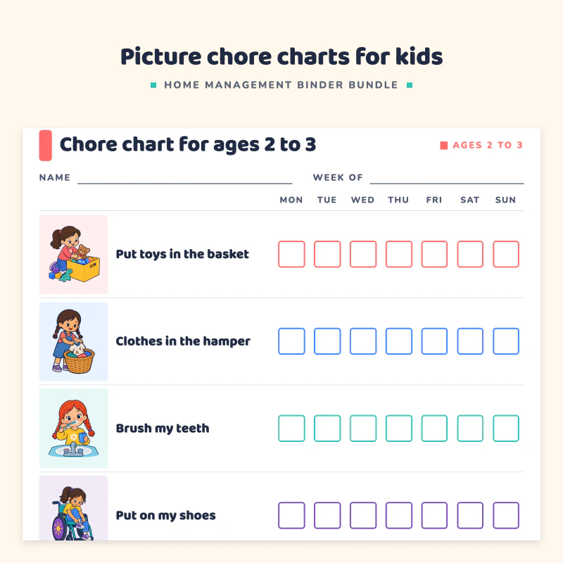 Chore chart for ages 2 to 3 with picture steps such as put toys in the basket and brush my teeth, each with seven checkboxes for the days of the week
