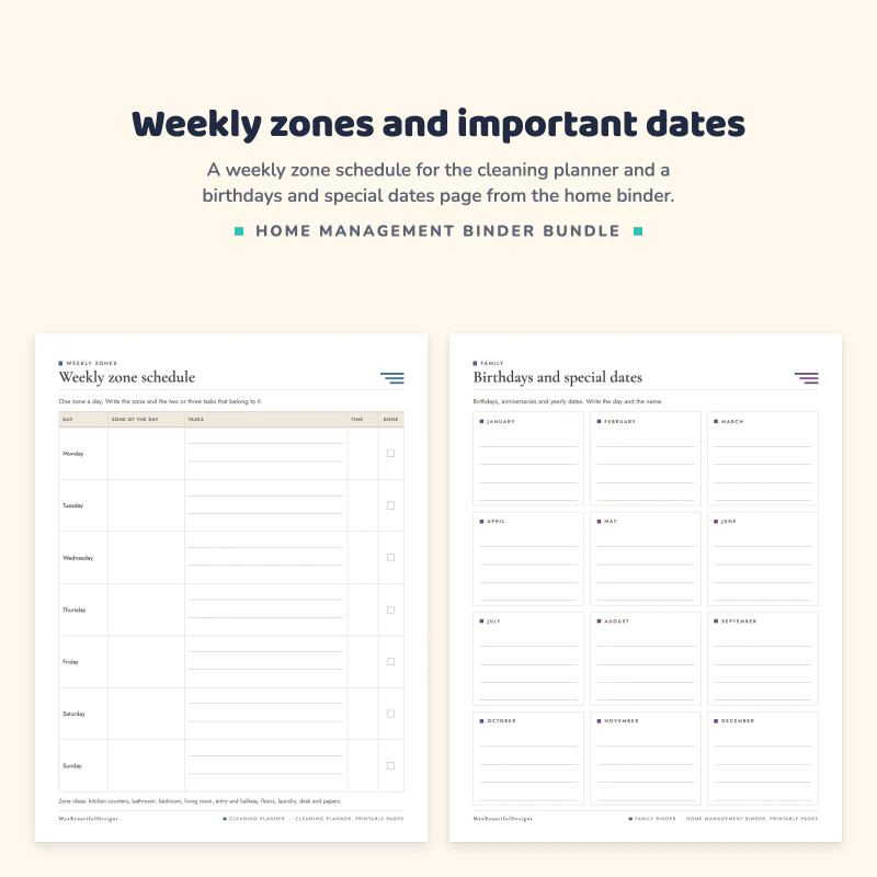 Weekly zone schedule page with a row for each day, next to a birthdays and special dates page with a box for every month