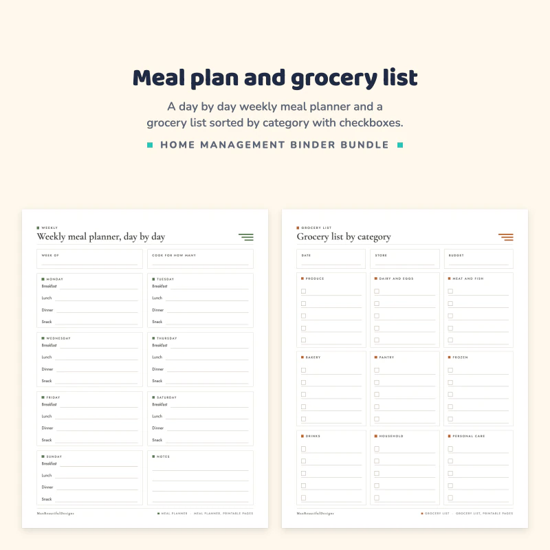 Weekly meal planner with breakfast, lunch, dinner and snack for each day, next to a grocery list by category with produce, dairy, bakery and more