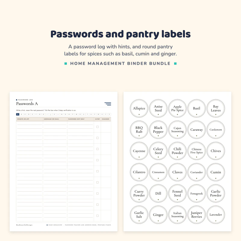 Password log page A with columns for website or app, username and hint, next to a sheet of round spice labels