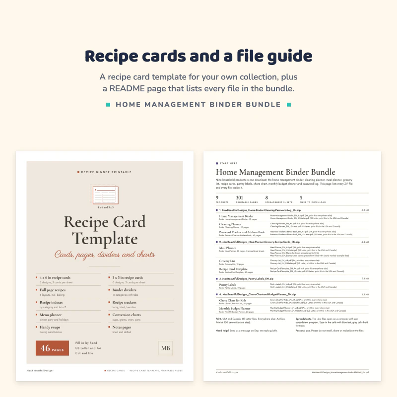 Cover of the recipe card template, next to the README page of the home management bundle listing all files