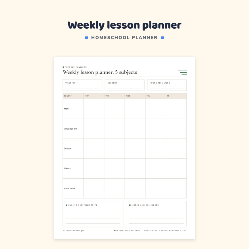 Weekly lesson planner for 5 subjects: week of, student and focus boxes, then rows for math, language arts, reading, science and history by day