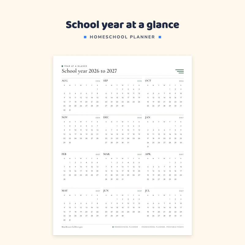 School year 2026 to 2027 page with twelve small month calendars from August to July