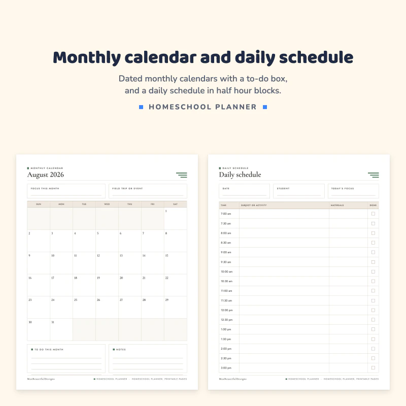 August 2026 monthly calendar, next to a daily schedule page with time blocks from 7 am