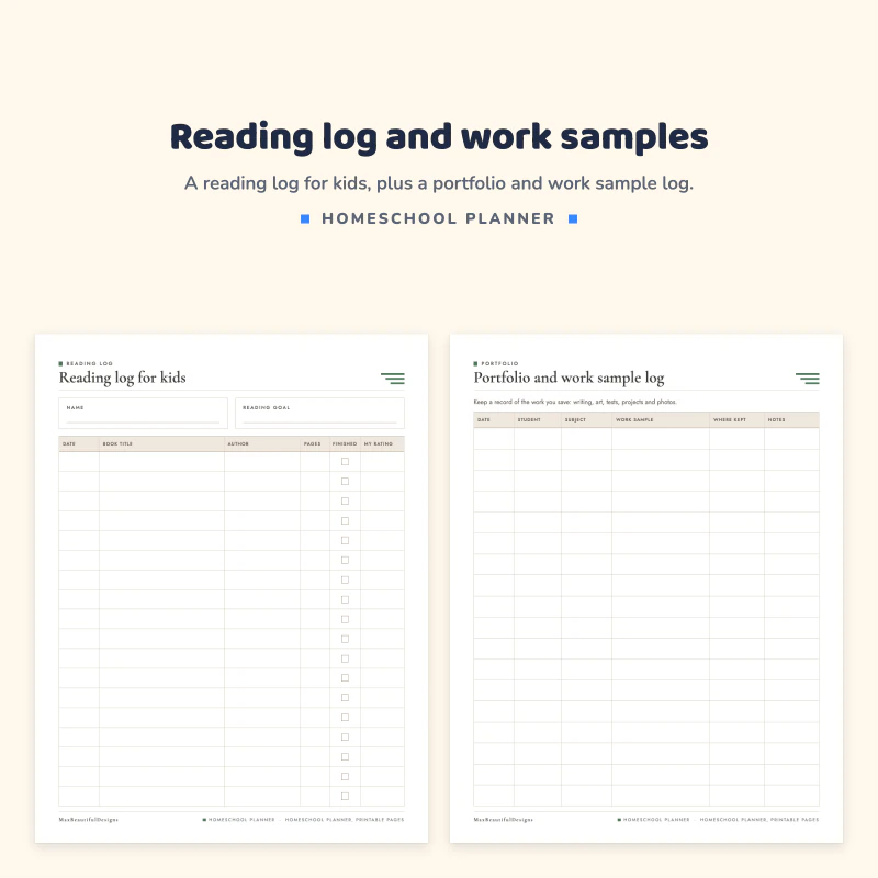 Reading log for kids with columns for date, book title and author, next to a portfolio and work sample log table
