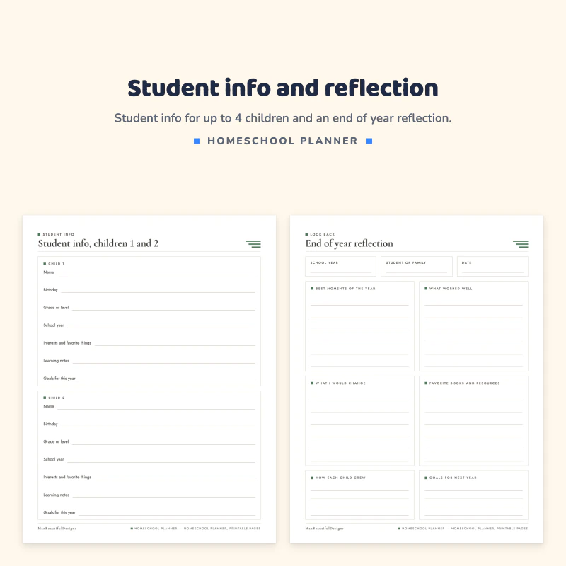 Student info page for children 1 and 2 with name, birthday and goals lines, next to an end of year reflection page with boxes