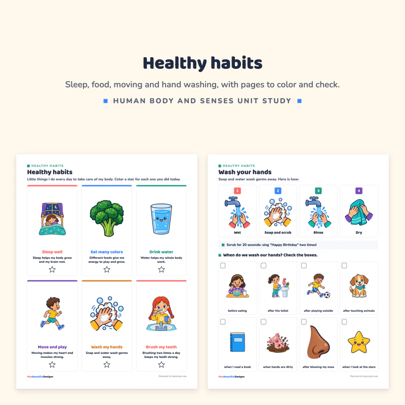 Healthy habits page with six pictures to color a star for, next to a wash your hands page with four steps