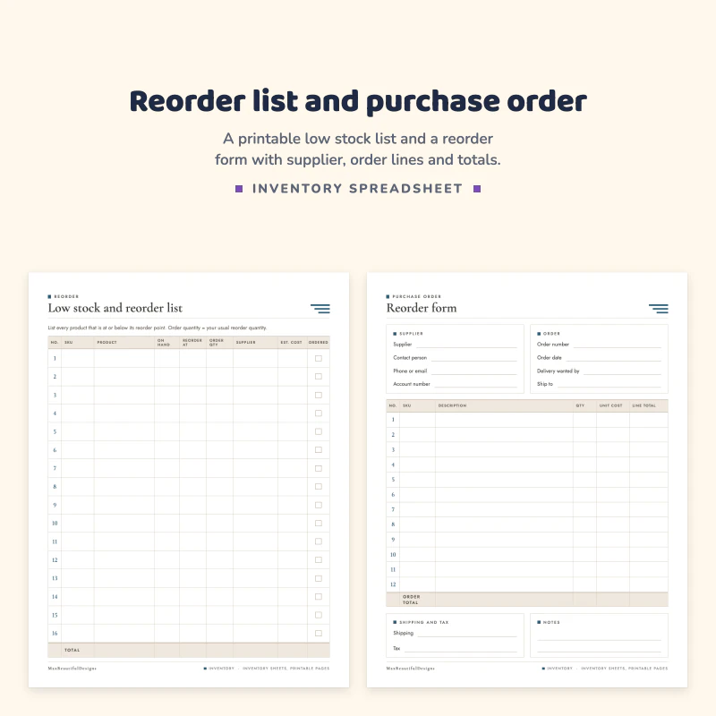 Low stock and reorder list page with numbered rows for product, on hand, reorder point and supplier, next to a reorder form with supplier and order boxes
