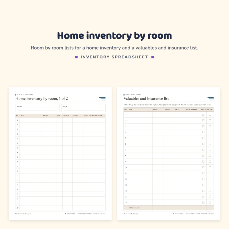 Home inventory by room page with rows for item, brand, quantity and value, next to a valuables and insurance list page