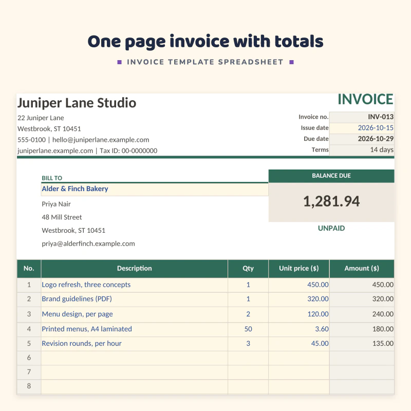 Invoice sheet up close: Juniper Lane Studio header, bill to client, line items with quantity and unit price, subtotal, discount, tax and balance due of 1,281.94