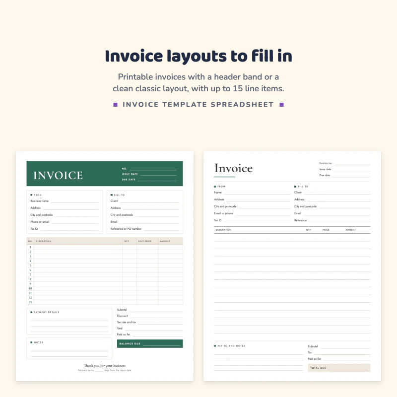 Invoice page with a green header band and line item table, next to a classic invoice layout with from and bill to boxes