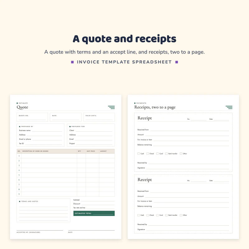Quote page with estimate details and a terms box, next to a receipts page with two receipts