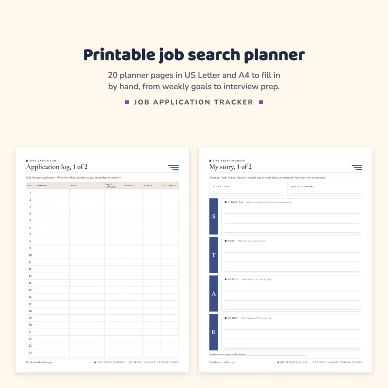 Application log page with numbered rows for company, role, date, source, status and follow up, next to the My story STAR interview planner page