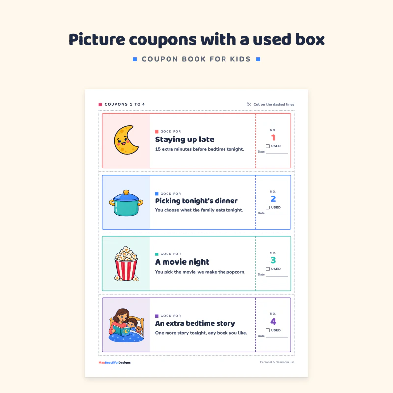 Four coupons, staying up late, picking tonight's dinner, a movie night and an extra bedtime story, each with a picture, a number and a box to mark it used