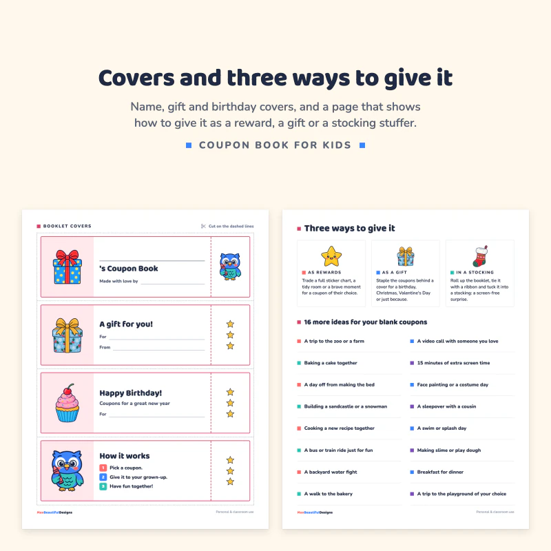 Booklet covers page with a name cover, gift cover, birthday cover and how it works, next to a three ways to give it page with 16 more ideas