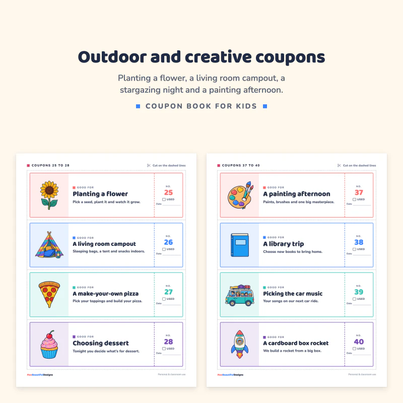 Coupons for planting a flower, a living room campout, a make your own pizza and choosing dessert, next to flying a kite, a stargazing night, a giant bear hug and a puzzle