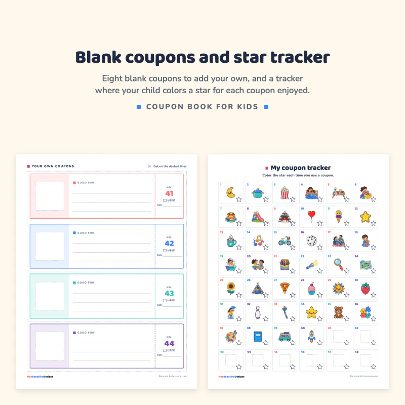 Your own coupons page with blank picture boxes and lines, next to the my coupon tracker page with a small picture and a star for each coupon
