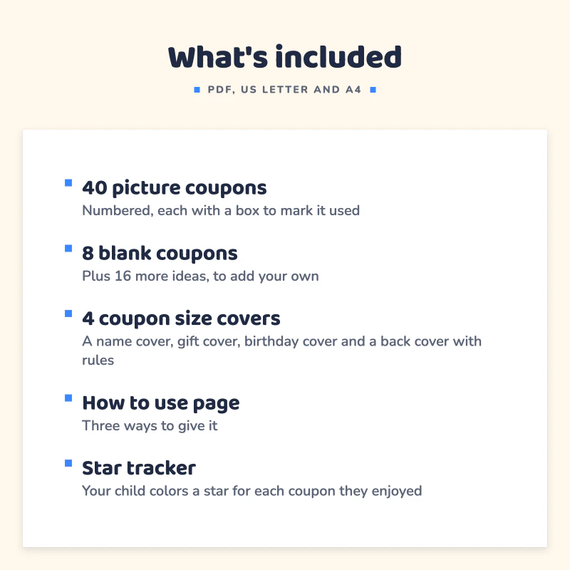 List of what is included in Coupon Book for Kids: 40 picture coupons, 8 blank coupons, 4 coupon size covers, How to use page, Star tracker.
