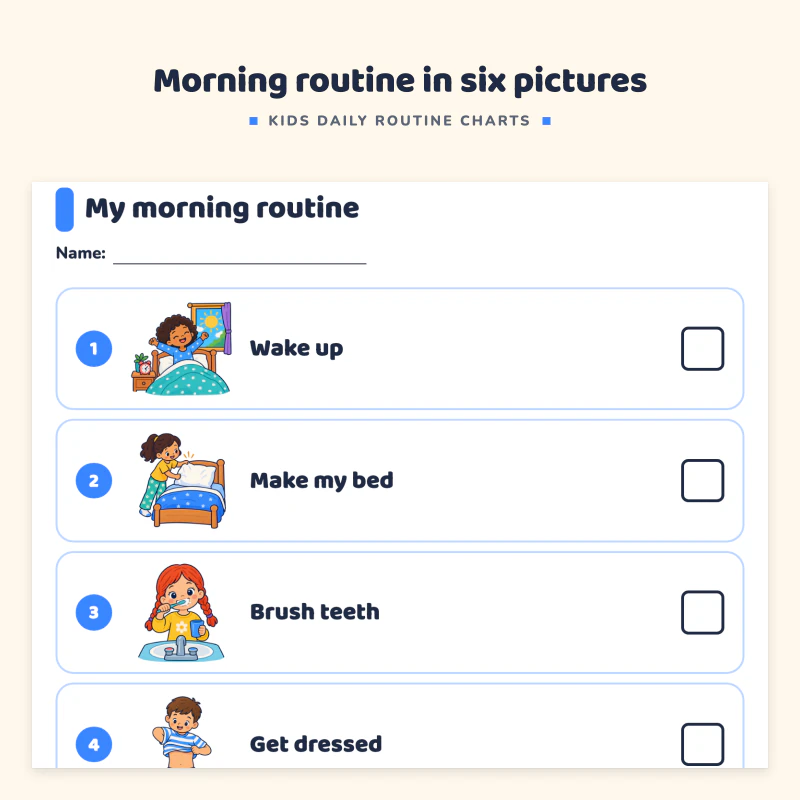 My morning routine chart with six numbered picture steps, wake up, make my bed, brush teeth, get dressed, eat breakfast and put on shoes, each with a checkbox