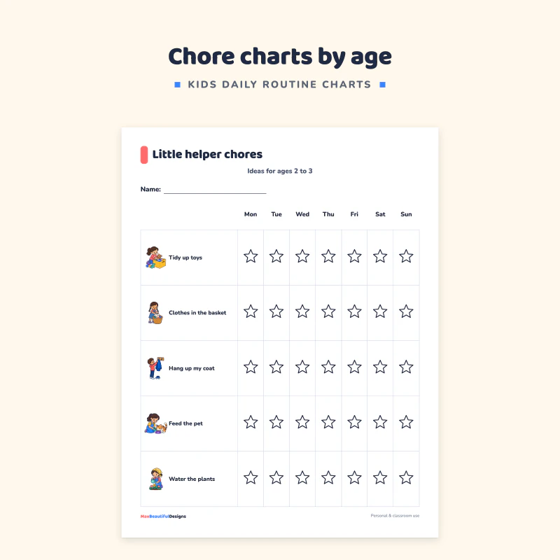 Little helper chores chart for ages 2 to 3: picture chores such as tidy up toys and feed the pet, with a star to color for each day of the week