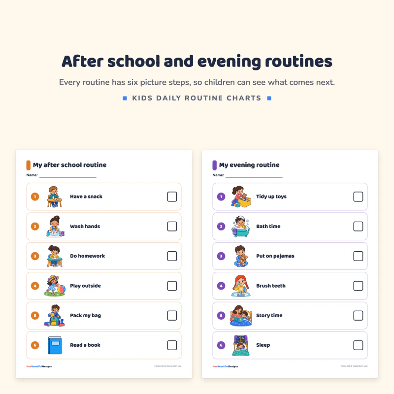 My after school routine with have a snack, wash hands and do homework, next to my evening routine with tidy up toys, bath time and story time