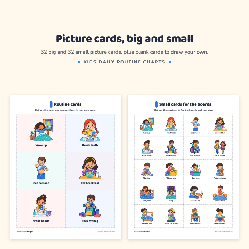 Large routine picture cards for wake up, brush teeth and get dressed, next to a page of small cards for the boards
