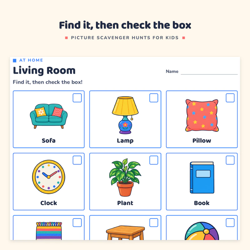 Top of the living room hunt: pictures of a sofa, lamp, pillow, clock, plant, book, rug, table and ball, each with a check box