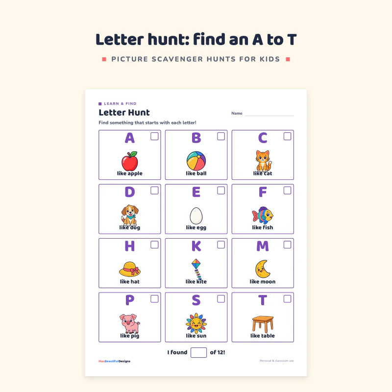 Top of the letter hunt page: letters A, B, C, D, E and F with pictures such as apple, ball, cat, dog, egg and fish and check boxes