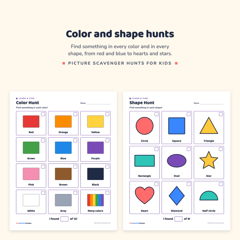 Color hunt page with swatches from red to many colors, next to a shape hunt page with circle, square, triangle, rectangle and star