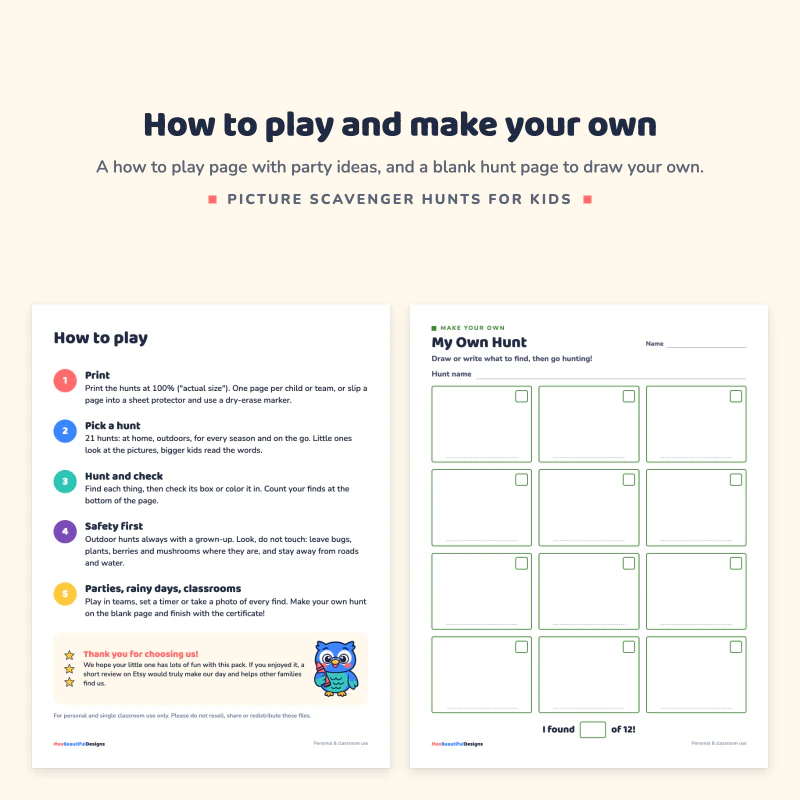 How to play page with five numbered steps, next to a blank My Own Hunt page with empty boxes to draw in
