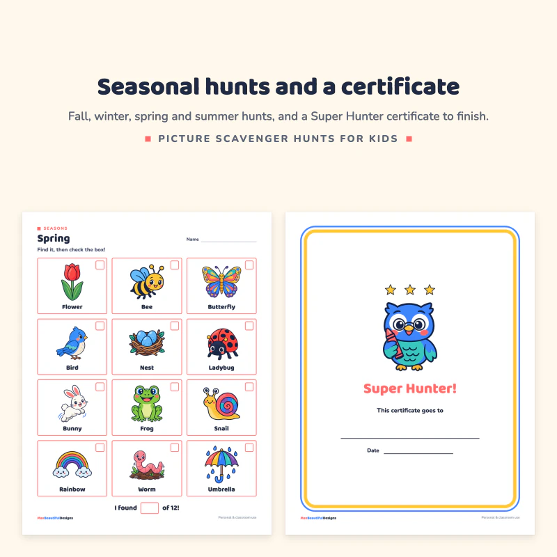 Spring hunt page with flower, bee, butterfly and frog, next to a Super Hunter certificate with an owl