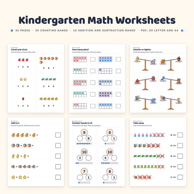 Kindergarten Math Worksheets, cover image