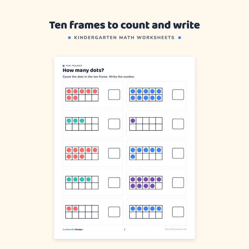 Top of the how many dots page: ten frames filled with red, blue and teal dots, each with a box to write the number