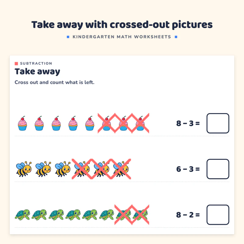 Top of the take away page: rows of cupcakes, bees and turtles with some crossed out, and subtraction sums like 8 minus 3 with answer boxes