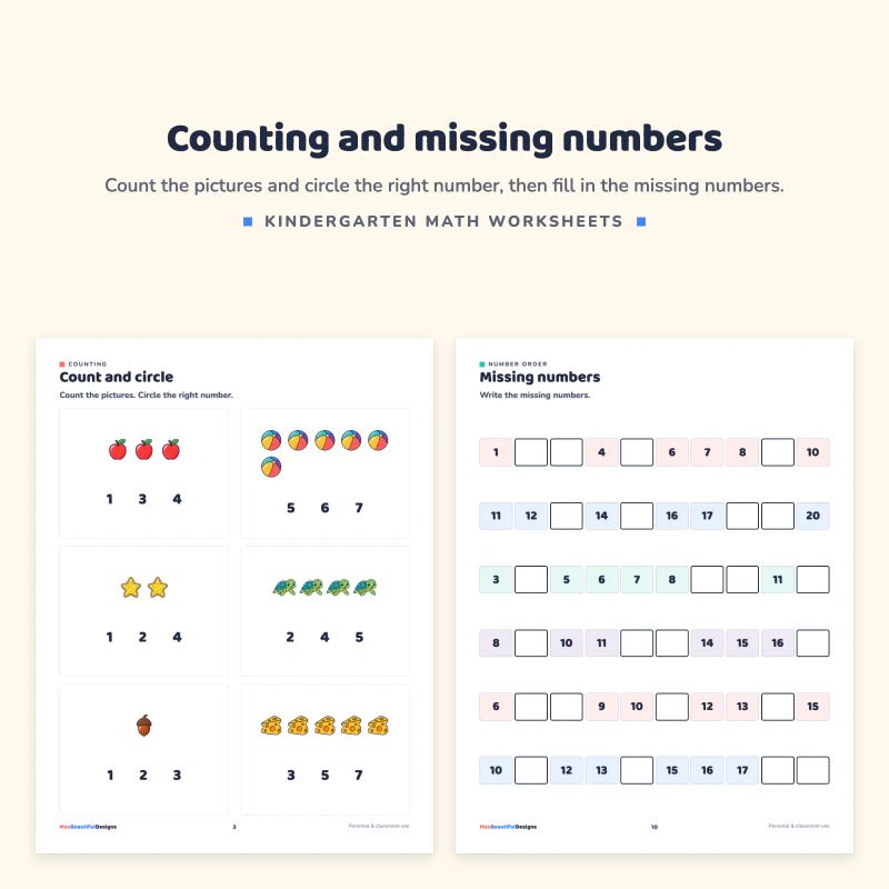 Count and circle page with groups of apples, stars and acorns and three numbers to choose from, next to a missing numbers page with empty boxes in number rows