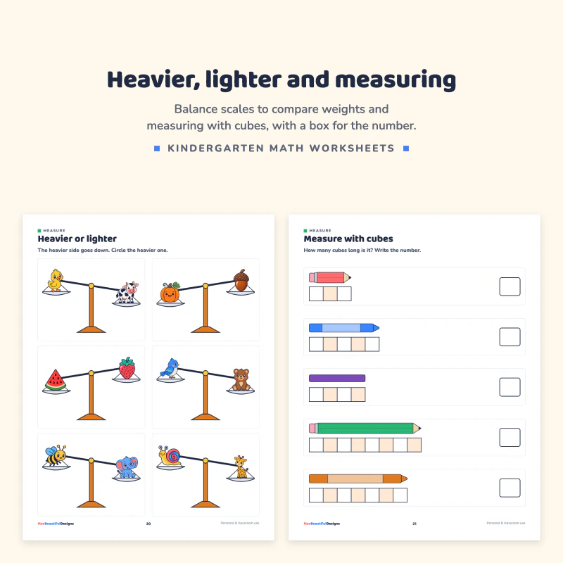 Heavier or lighter page with three balance scales and pictures, next to a measure with cubes page with pencils of different lengths